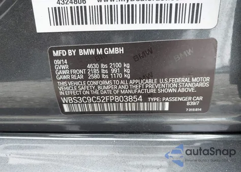 2015 BMW M3 from USA, damaged, VIN WBS3C9C52FP803854